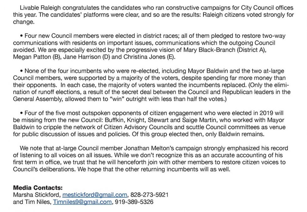 Press release raleigh election results livable raleigh